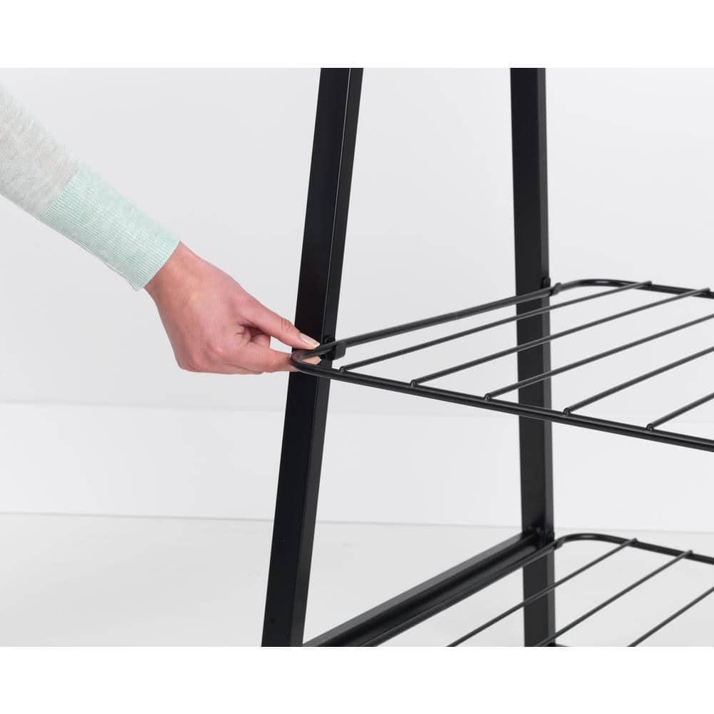 Black Steel and Bamboo Freestanding Garment Rack with Adjustable Shelves