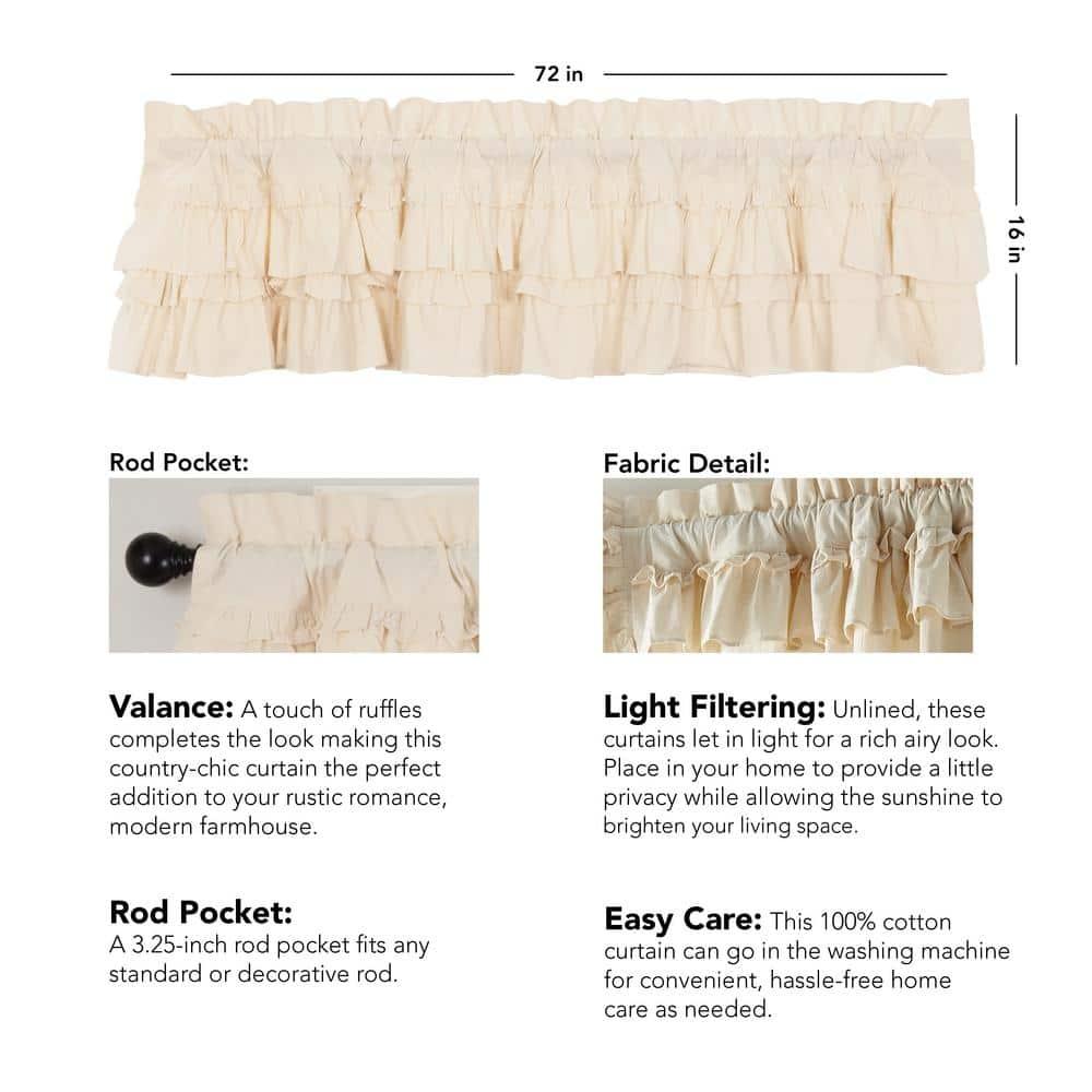 VHC Brands Muslin Ruffled Unbleached Natural Tan Valance Farmhouse Cotton Window Treatment for Living Room or Kitchen 16" Lx72 W
