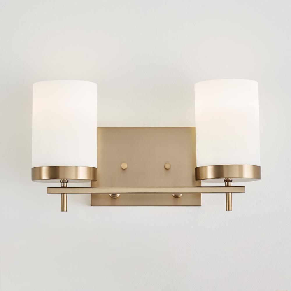 Zire Elegant 2-Light Vanity Fixture in Satin Brass with Etched Glass