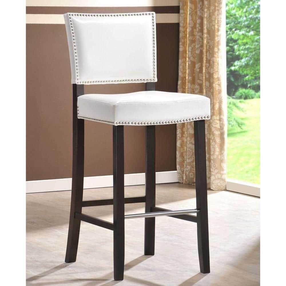 Aries Modern Barstool with Nailhead Trim White - Baxton Studio: Upholstered, Rubber Wood Frame, Stainless Steel Footrest