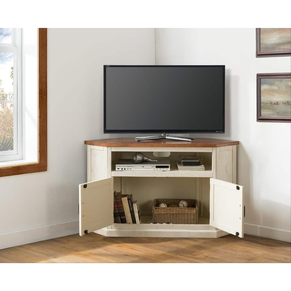 Martin Svensson Home Rustic Corner TV Stand for TVs up to 55", Antique White and Honey