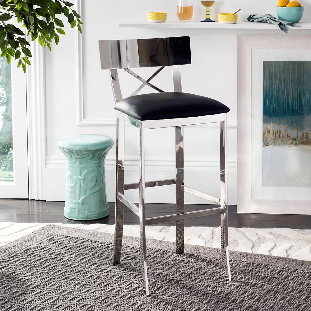 Zoey 39''H Stainless Steel Cross Back Bar Stool - FOX2034 - Chrome/Black - Safavieh Couture