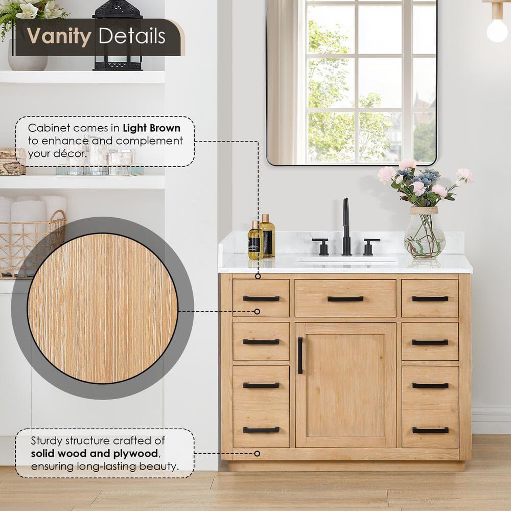 Gavino Tocador de Madera de 42" en Marrón Claro con Tapa de Piedra Compuesta sin Espejo