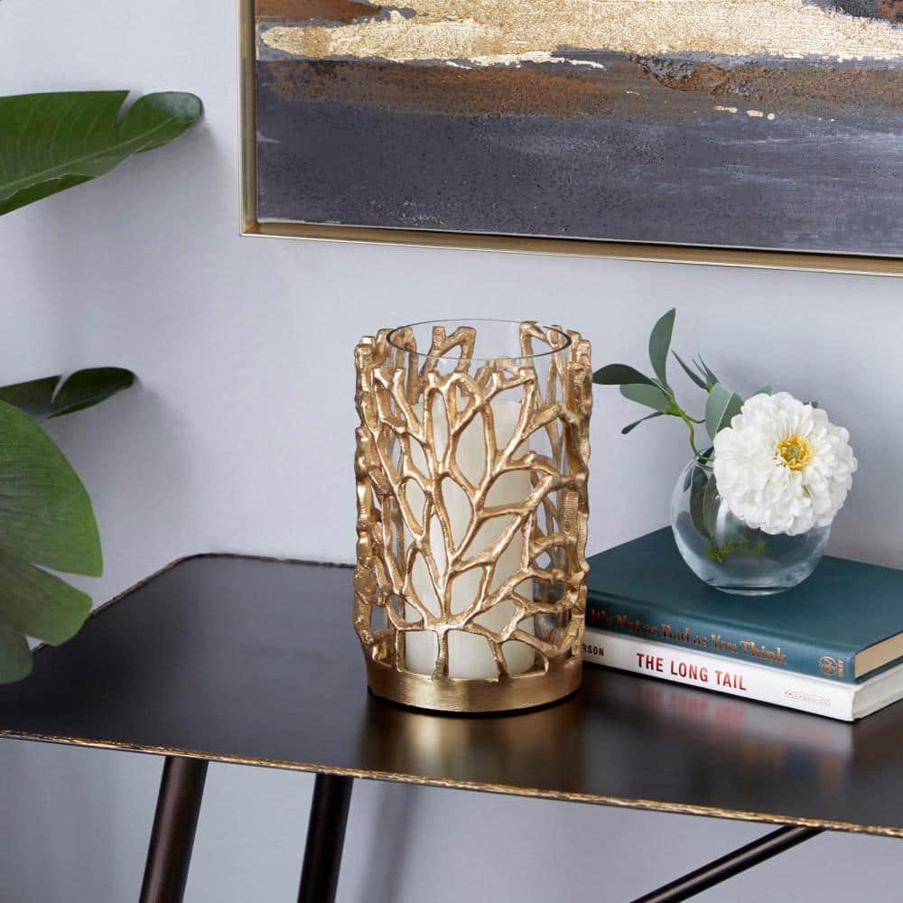 DecMode Gold Aluminum Metal Decorative Candle Lantern with Coral Pattern