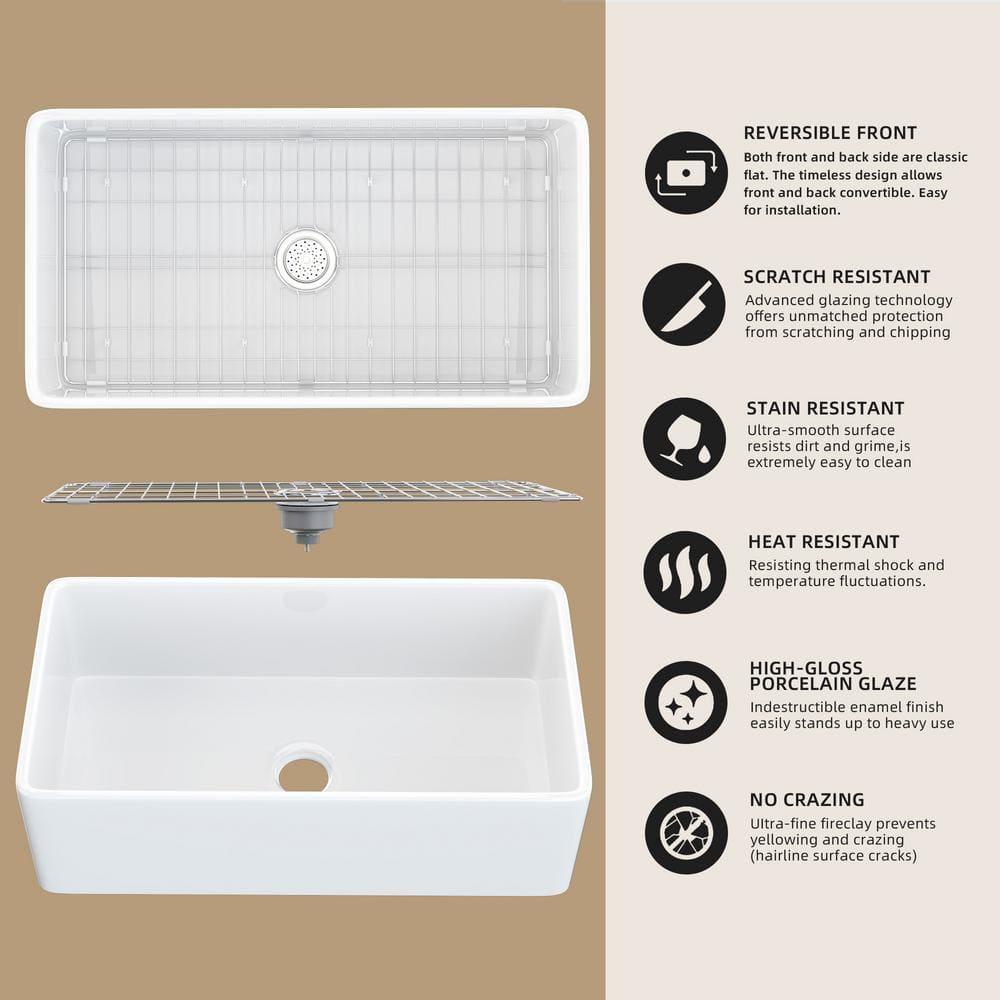 Pure 33 in. Workstation White Kitchen Sink Apron Front Fireclay Farmhouse Sink Single Bowl with Accessory Kit