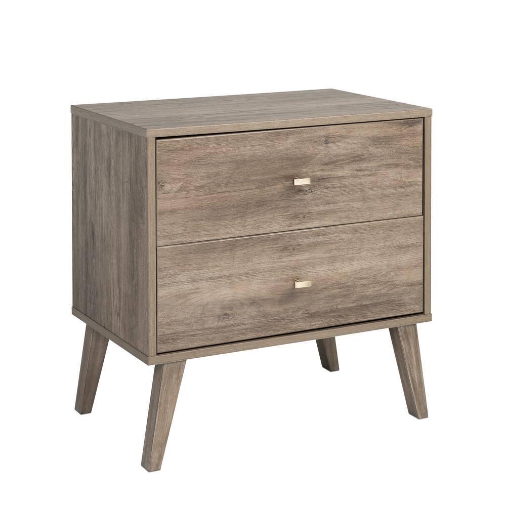 Prepac Mid Century Modern 2 Drawer Wide Nightstand Drifted Gray : Rubberwood Construction, Rectangle Shape, 25" Height
