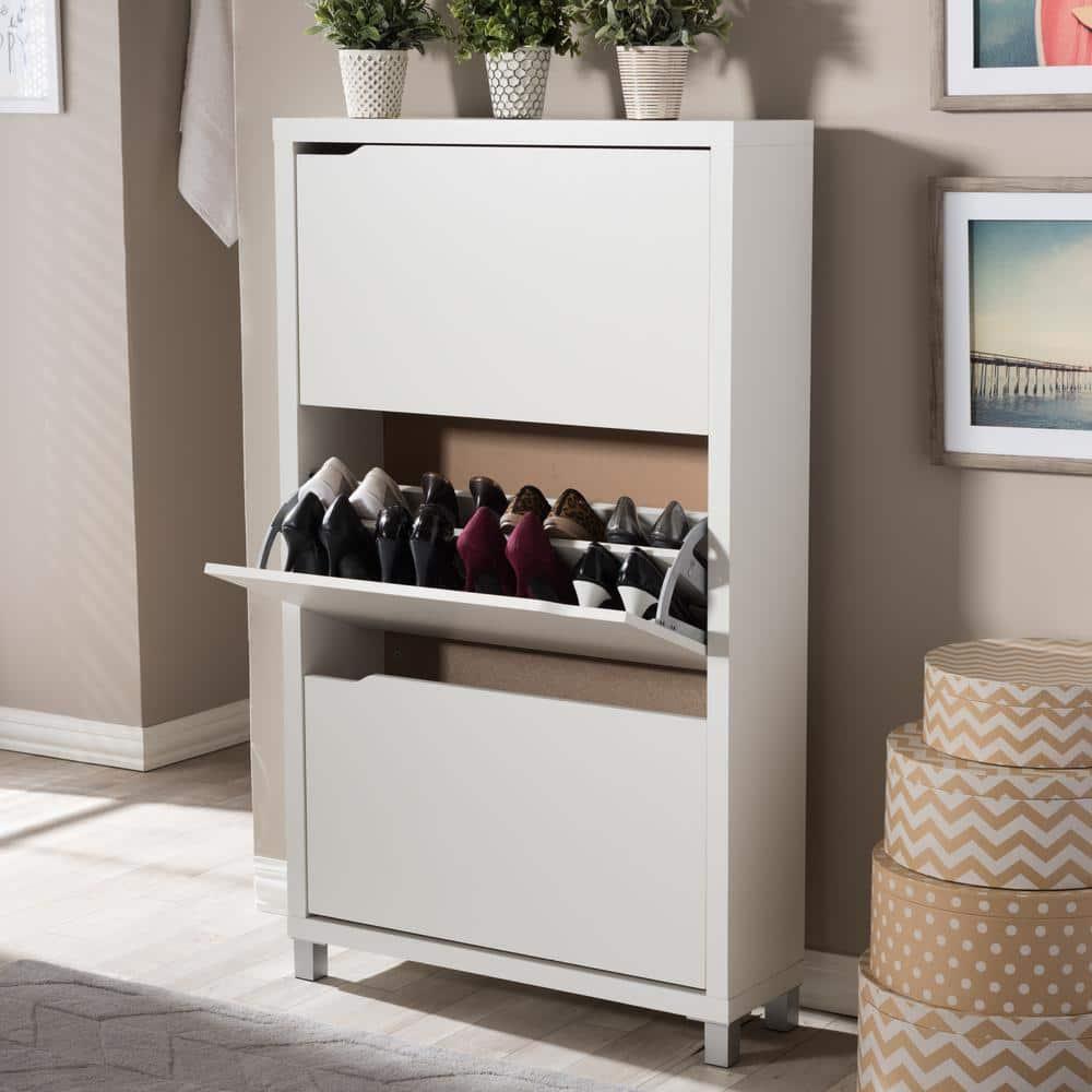 Simms 3 Drawer Modern Shoe Cabinet White - Baxton Studio: Entryway Organizer, Holds 18 Pairs