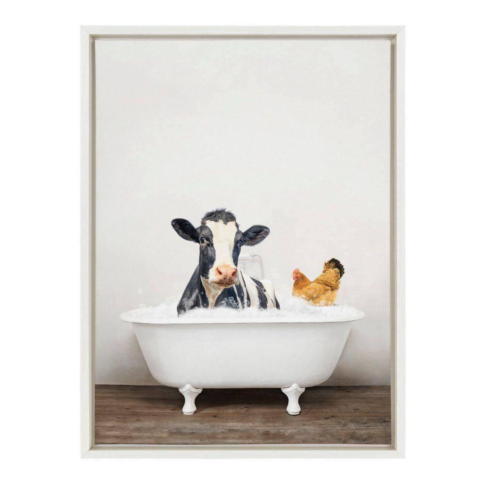 Kate and Laurel Sylvie Cow and Chicken in Rustic Bath Framed Canvas Wall Art by Amy Peterson Art Studio, 18x24 White, Modern Fun Decorative Bathtub Wall Art for Home Décor