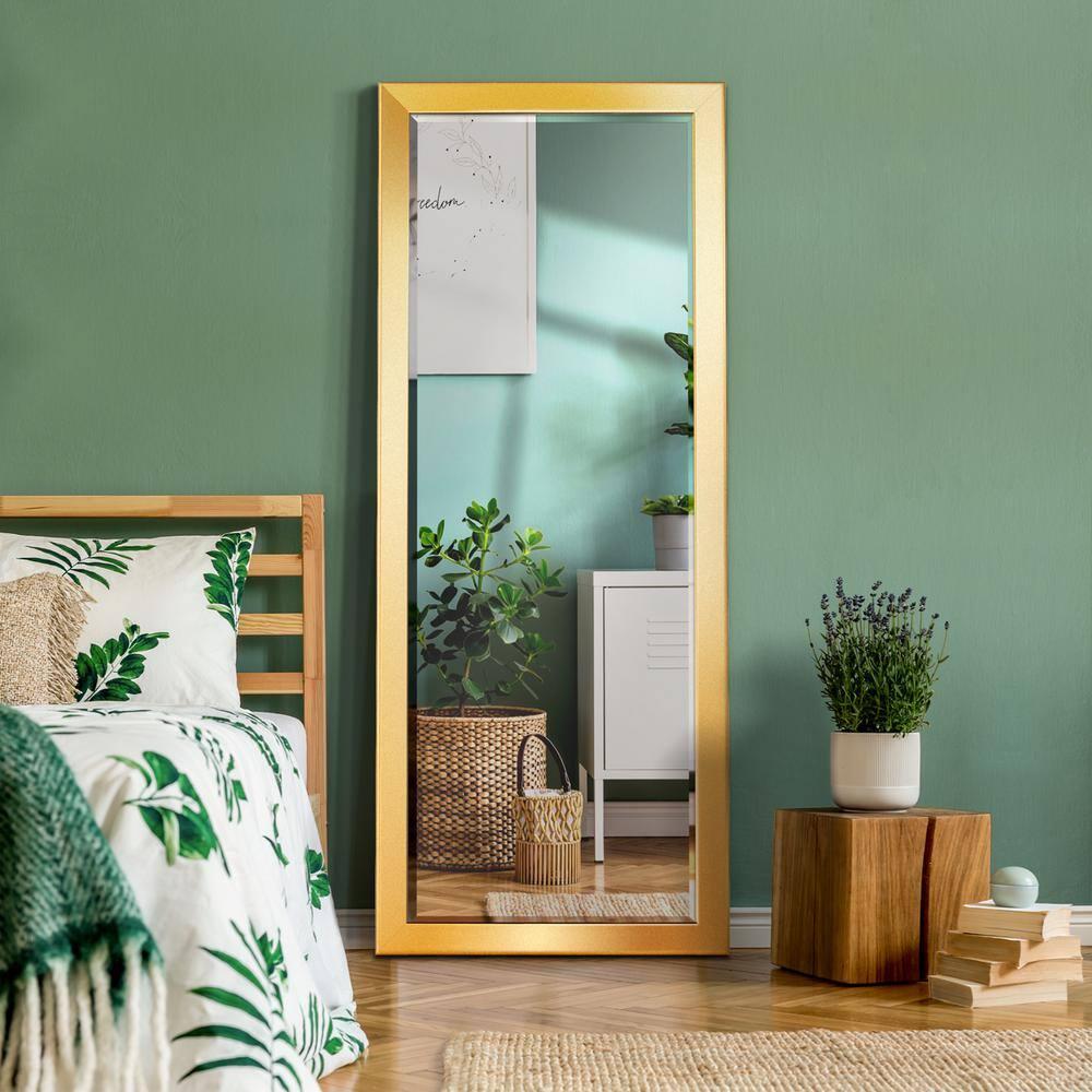 25 in. W x 61 in. H Framed Rectangle Beveled Edge Wood Full Length Mirror in Solid Gold