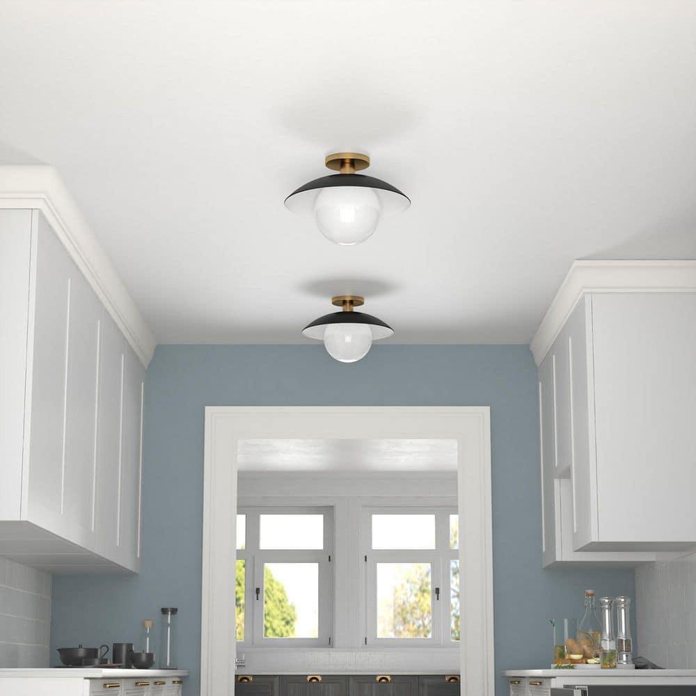 Evelyn&Zoe 14.5" Matte Black/Brass Metal/Glass Semi Flush Mount