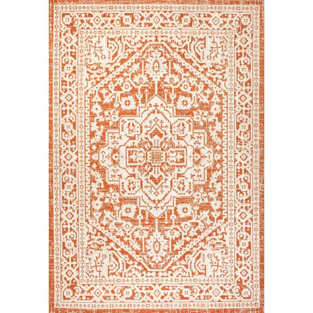 9' x 12' Sinjuri Medallion Textured Weave Indoor/Outdoor Area Rug, Orange/Cream - JONATHAN Y