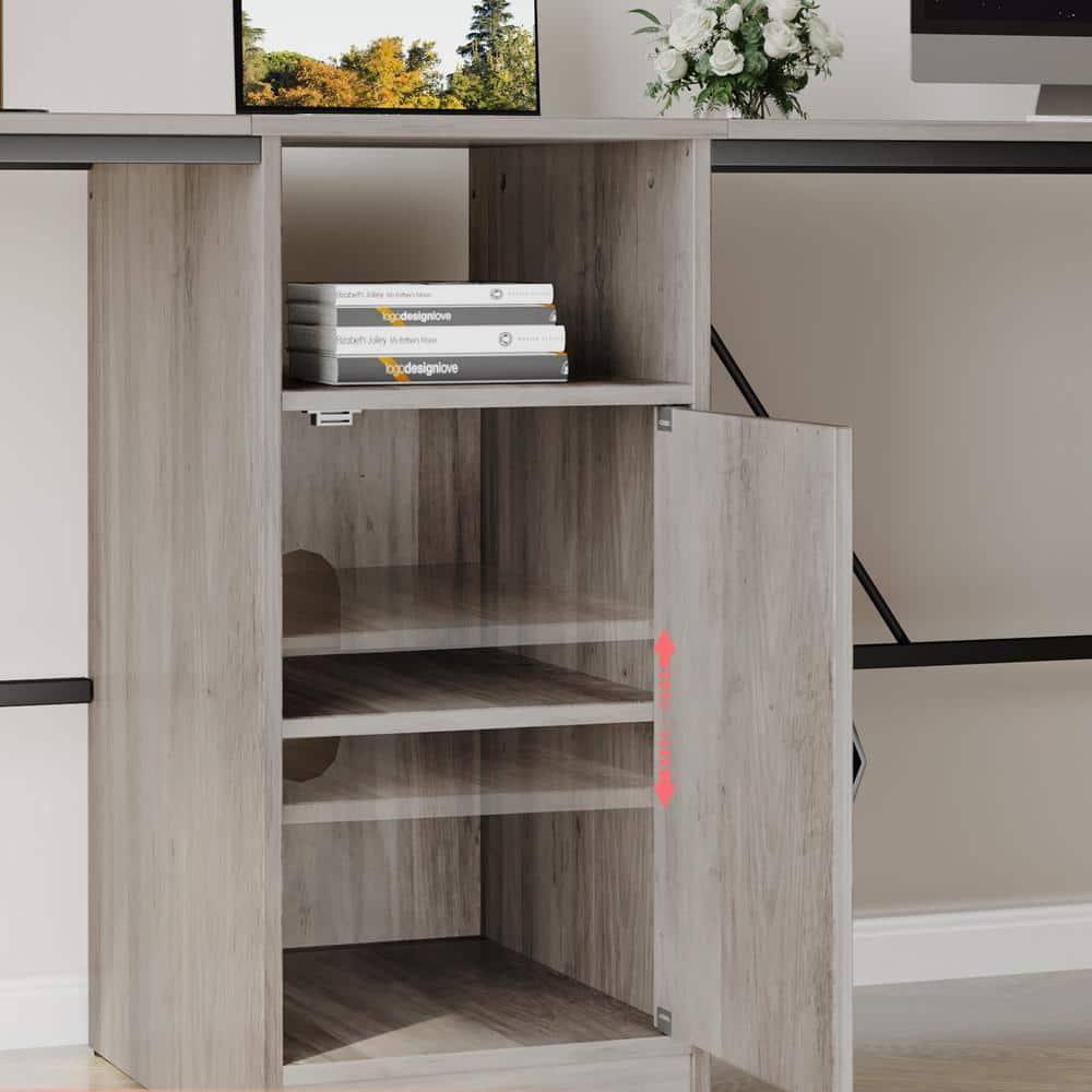 Bestier Reversible 60 inches L Shaped Computer Desk with Storage Cabinet Long Desk for 2 Person Wash Grey