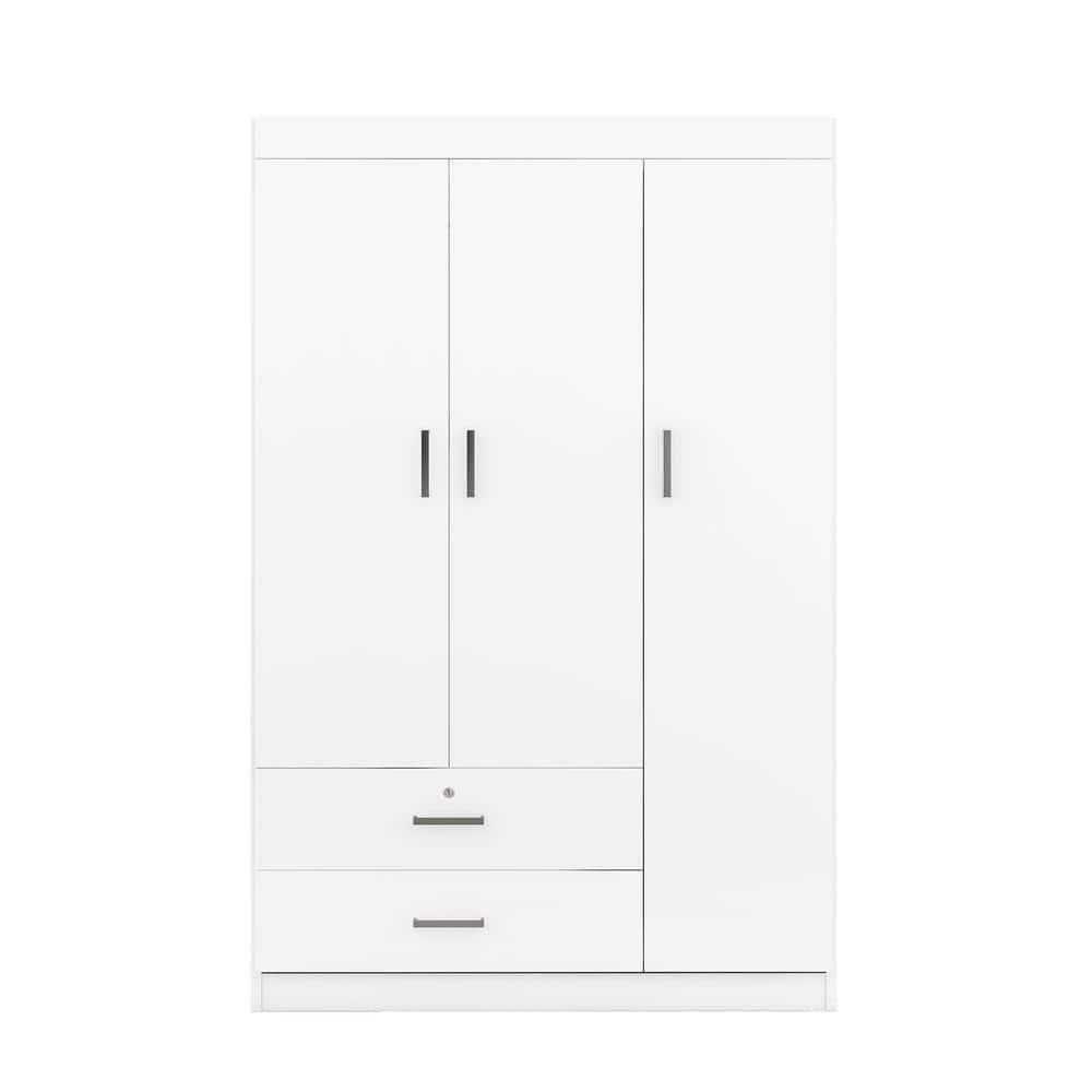 Harper & Bright Designs Large 3 Doors Wardrobe Closet with 2 Drawer and Hanging Rail, Bedroom Clothes Storage Cabinet Organizer, White