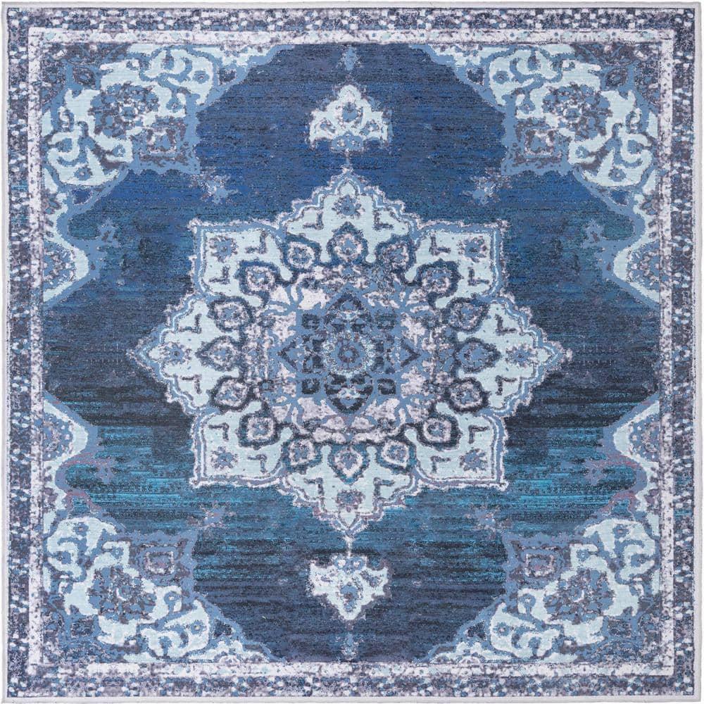 Navy Blue Medallion Synthetic Washable Square Rug