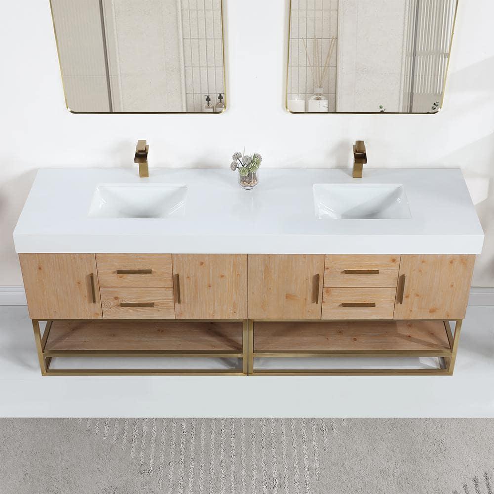 Bianco 84" Wood Vanity in Light Brown with  Composite Stone Top without Mirror