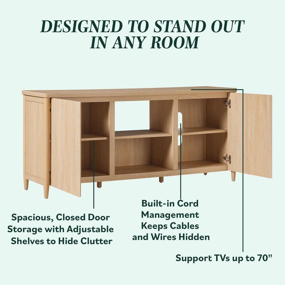 Scandinavian Reeded TV Stand with Storage for up to 70" TVs, Coastal Oak