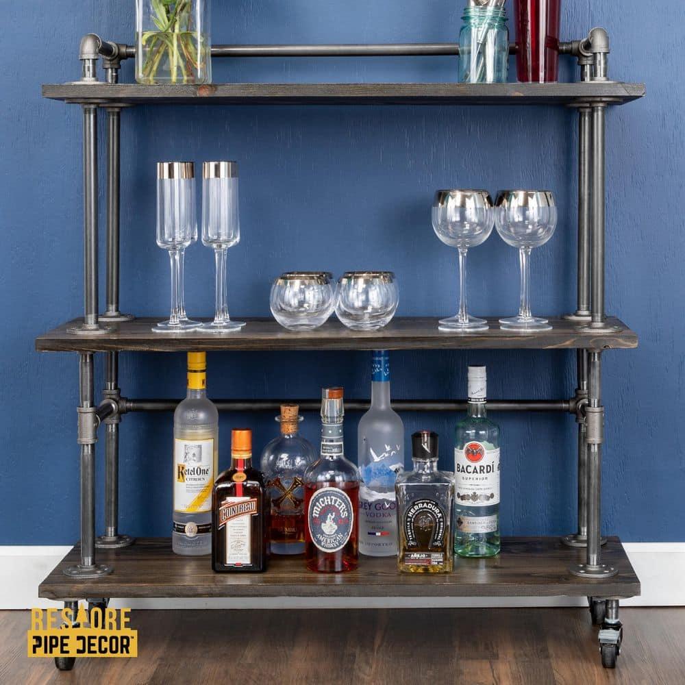 PIPE DECOR Restore by Industrial 3 Tier Solid Wood & Steel Pipe Bar Cart with Wheels Boulder Black