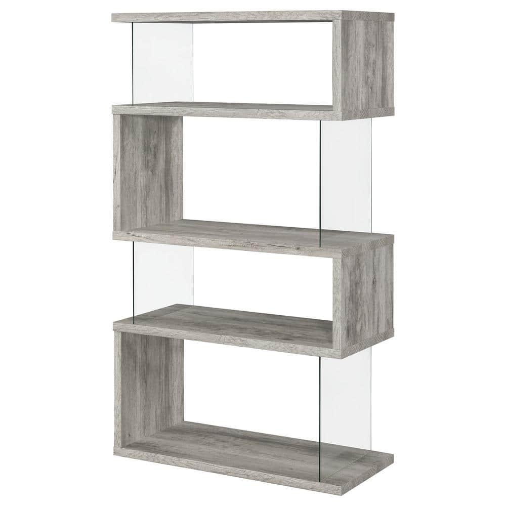 Coaster 63" Emelle 4 Shelf Zig Zag Bookcase with Glass Panels Gray Driftwood: Modern Style, Laminated Melamine Veneer, Metal Hardware