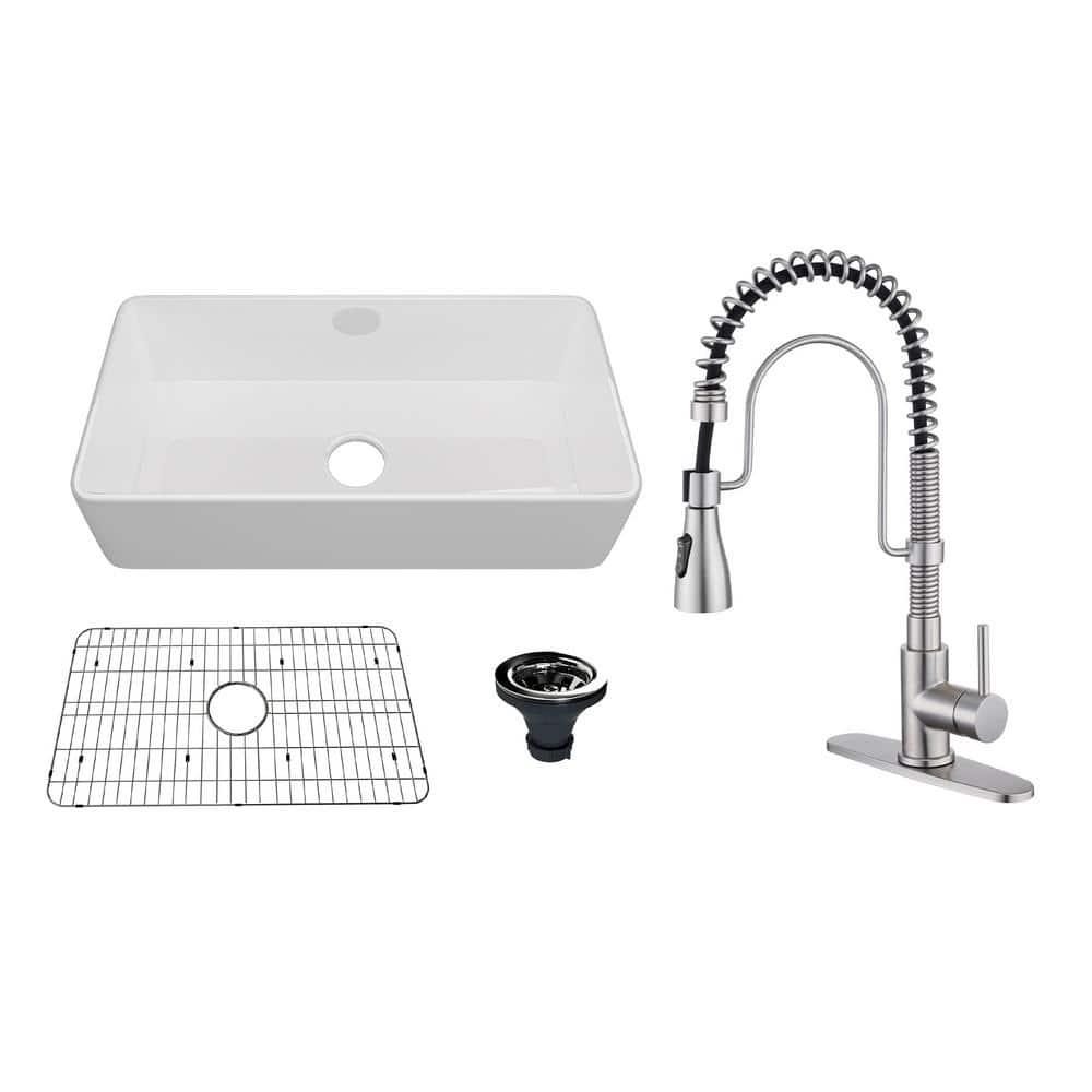 CASAINC Single Bowl White Fireclay Farmhouse Kitchen Sink With Faucet Included
