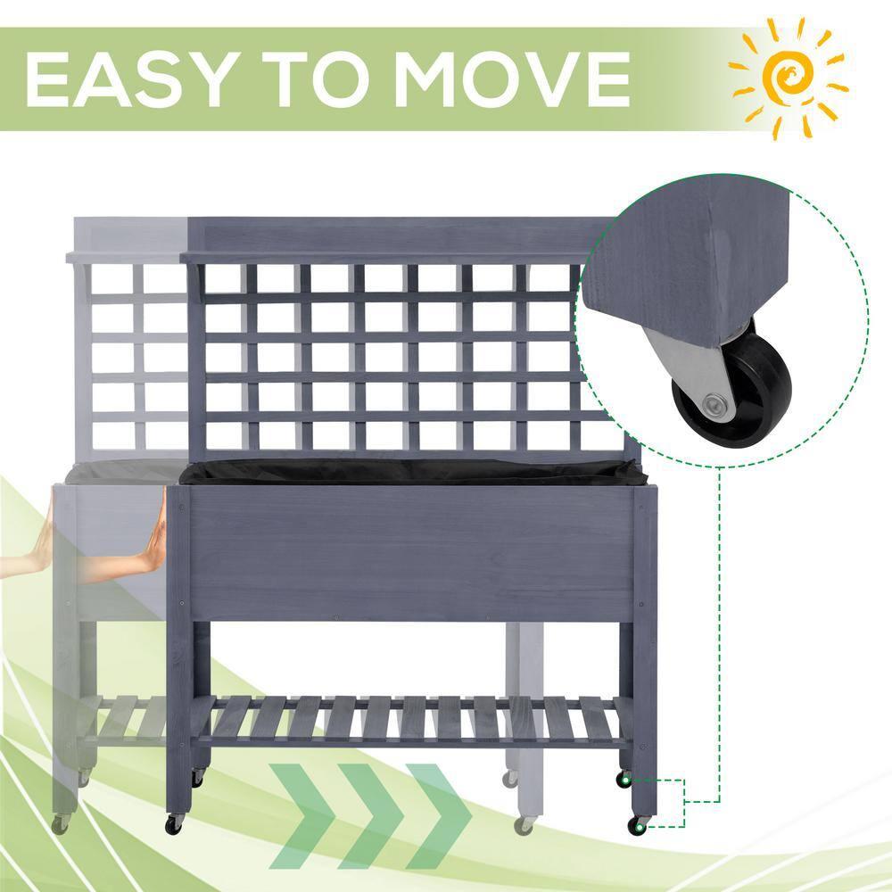 Gray Wood Raised Garden Bed with Trellis and Wheels