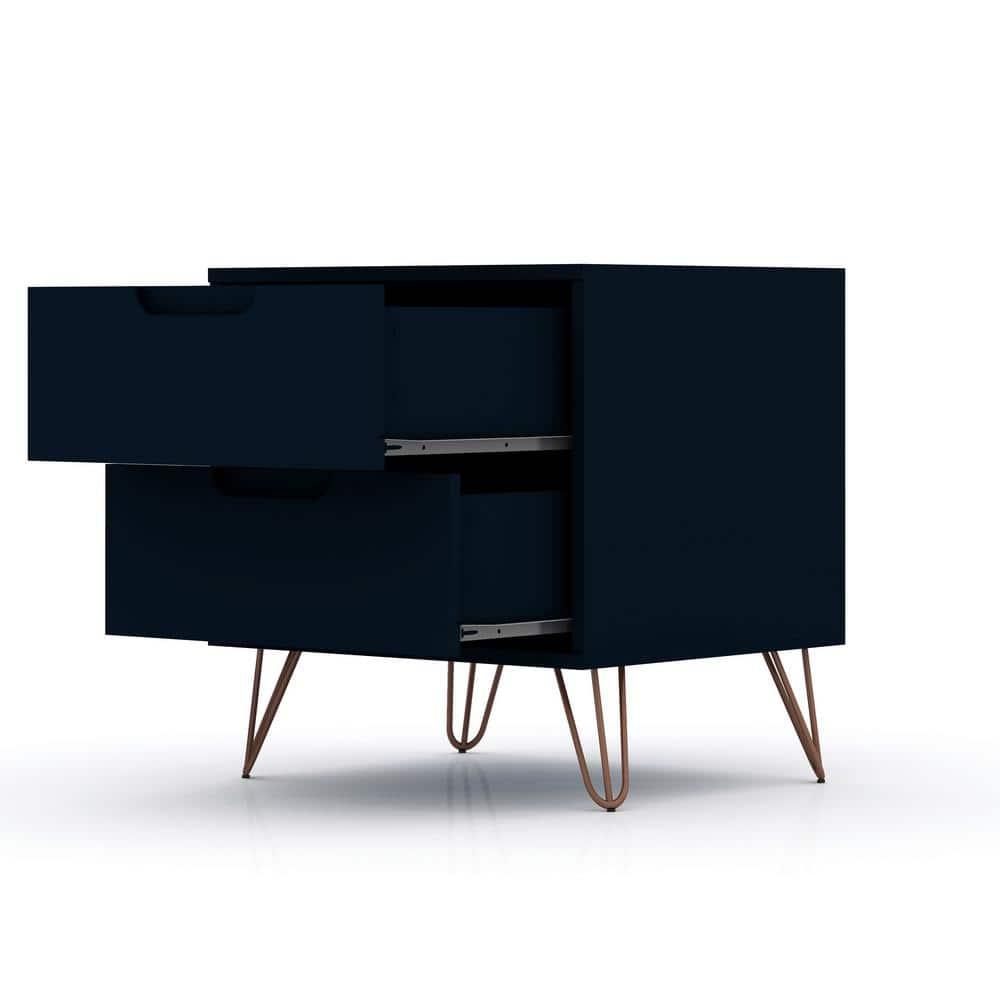 Set of 2 Rockefeller 2 Drawer Nightstands Tatiana Midnight Blue - Manhattan Comfort: Modern Splayed Metal Legs, MDF