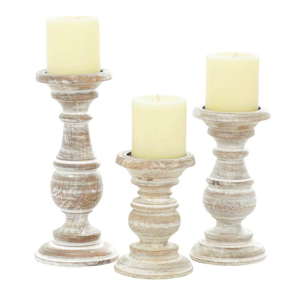 DecMode Traditional and Timeless Mango Wood Pillar Candle Holder Set of 3, 6", 8", 10"H, Cream Finish