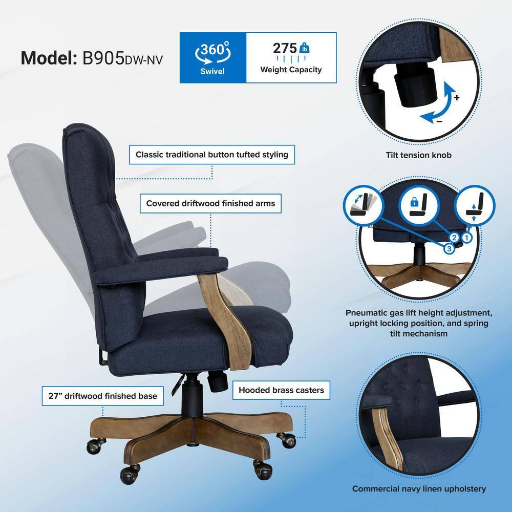 Traditional Executive Chair Navy - Boss Office Products: Commercial Grade, Driftwood Base, Brass Castors