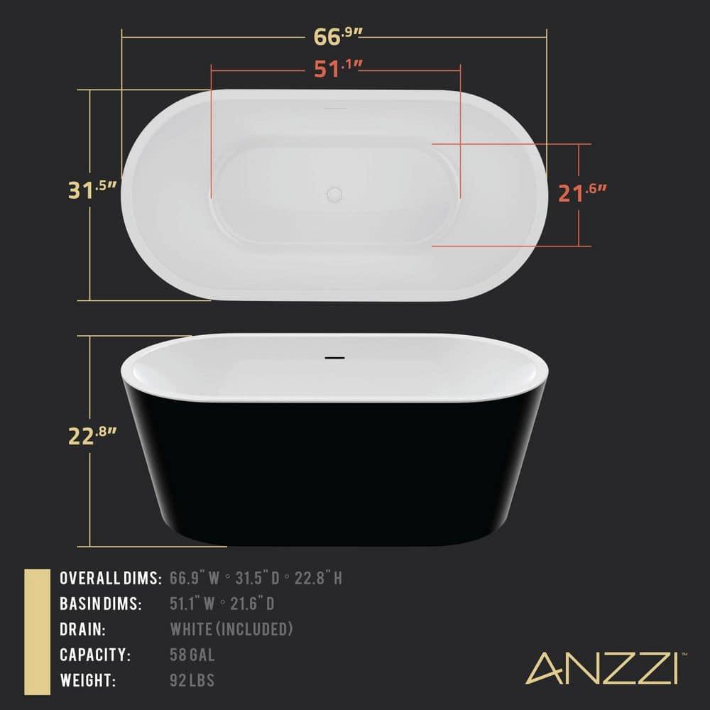 Glossy Black Acrylic Freestanding Soaking Bathtub with Overflow