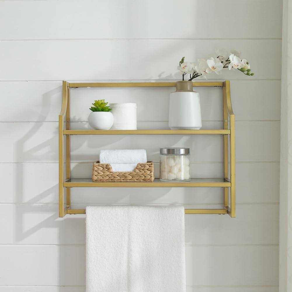 Crosley Aimee Wall Shelf Gold: Modern Luxury Storage with Tempered Glass, Steel Frame, Open Design