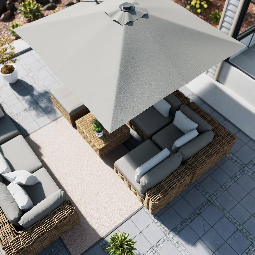 10ft Square Solar LED Cantilever Patio Umbrella with Bluetooth Light for Outdoor Shade Grey with base B