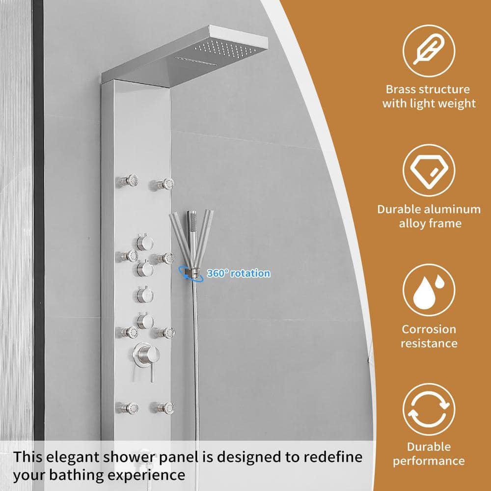 VIBRANTBATH 8-Jet Rainfall Shower Tower Shower Panel System With Rainfall Waterfall Shower Head And Shower Hand In Brushed Nickel YTP33-N