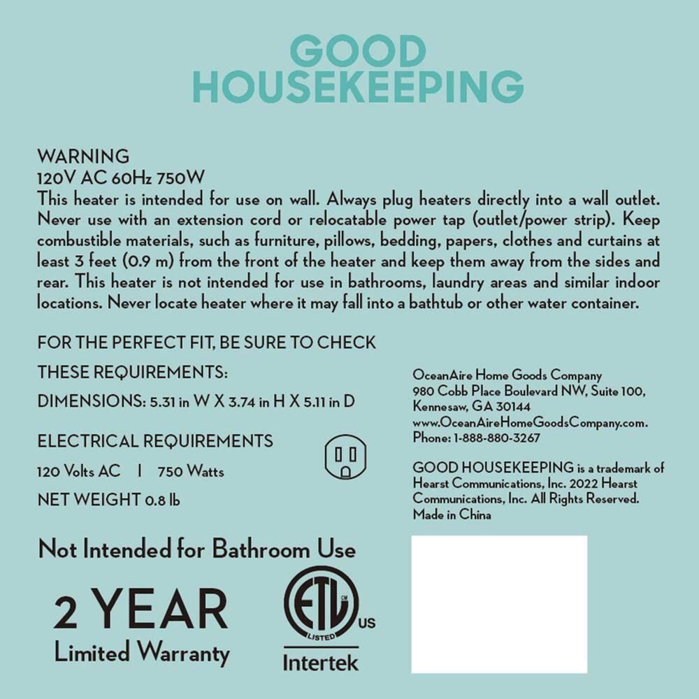 Good Housekeeping Wall-Mount Indoor Space Heater, Portable Electric Mini Heater w/ Adjustable Thermostat & Remote Control, 750W, Black