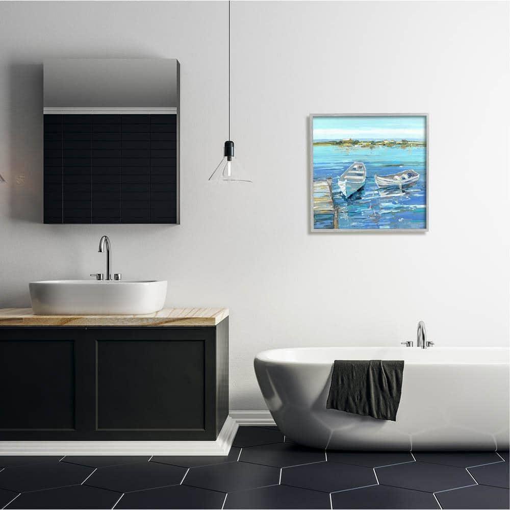 Serene Blue and White Rowboats Canvas Print with Woodgrain Frame