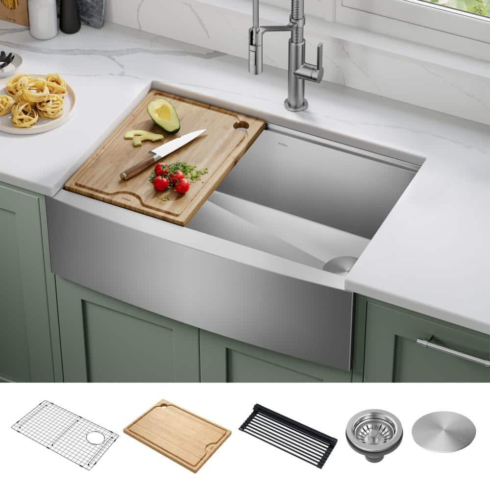 KRAUS Kore™ Workstation 30-inch L 16 Gauge Stainless Steel Single Bowl Farmhouse Kitchen Sink with Accessories