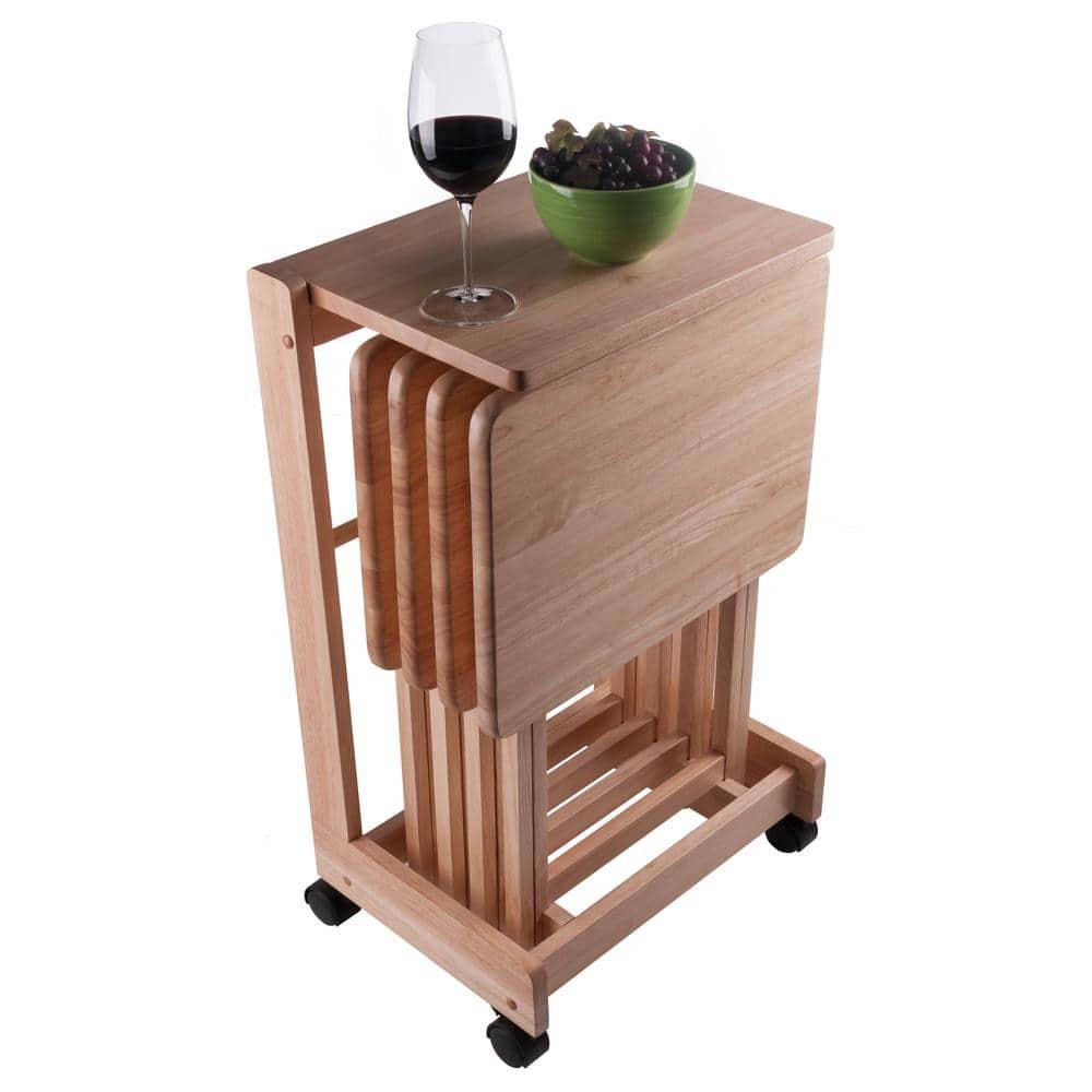 Winsome 5pc Brienda Flip Top Snack Table Natural: Wood TV Dinner Tray Set, Criss Cross Base