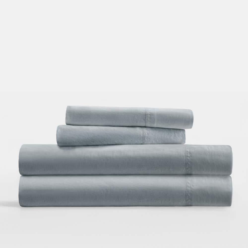 Queen Blue Solid Cotton Sheet Set with Pillow Covers