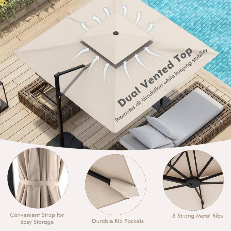 Tangkula Patio 9.5FT Square Cantilever Offset Umbrella Double Vented 360° Heavy Duty Beige