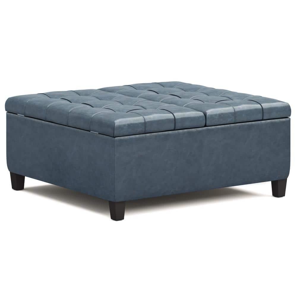 Simpli Home Harrison 36"W Upholstered Square Coffee Table Storage Ottoman with Split Lift Top