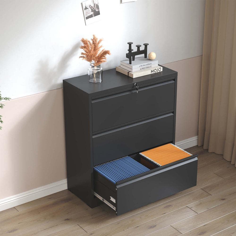 Black Metal 3-Drawer Lockable Lateral File Cabinet