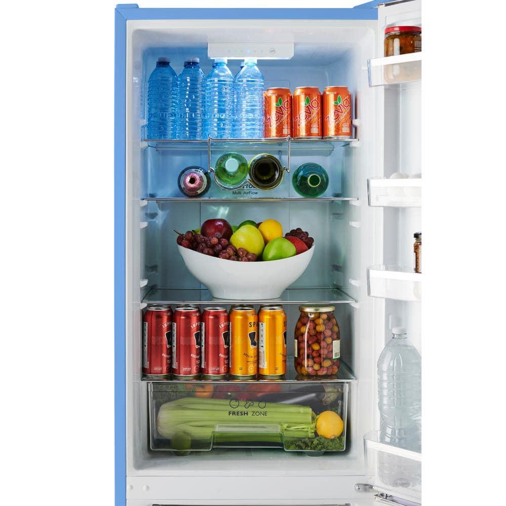 iio 24" 11 Cu Ft Bottom Freezer Retro Refrigerator Fridge for Bedroom, Multiflow 360°, Small Mini Ice Cube Tray, 1 Fruit container, LED Dorm Office Beverage Quiet Compressor, Light Blue (Right Hinge)