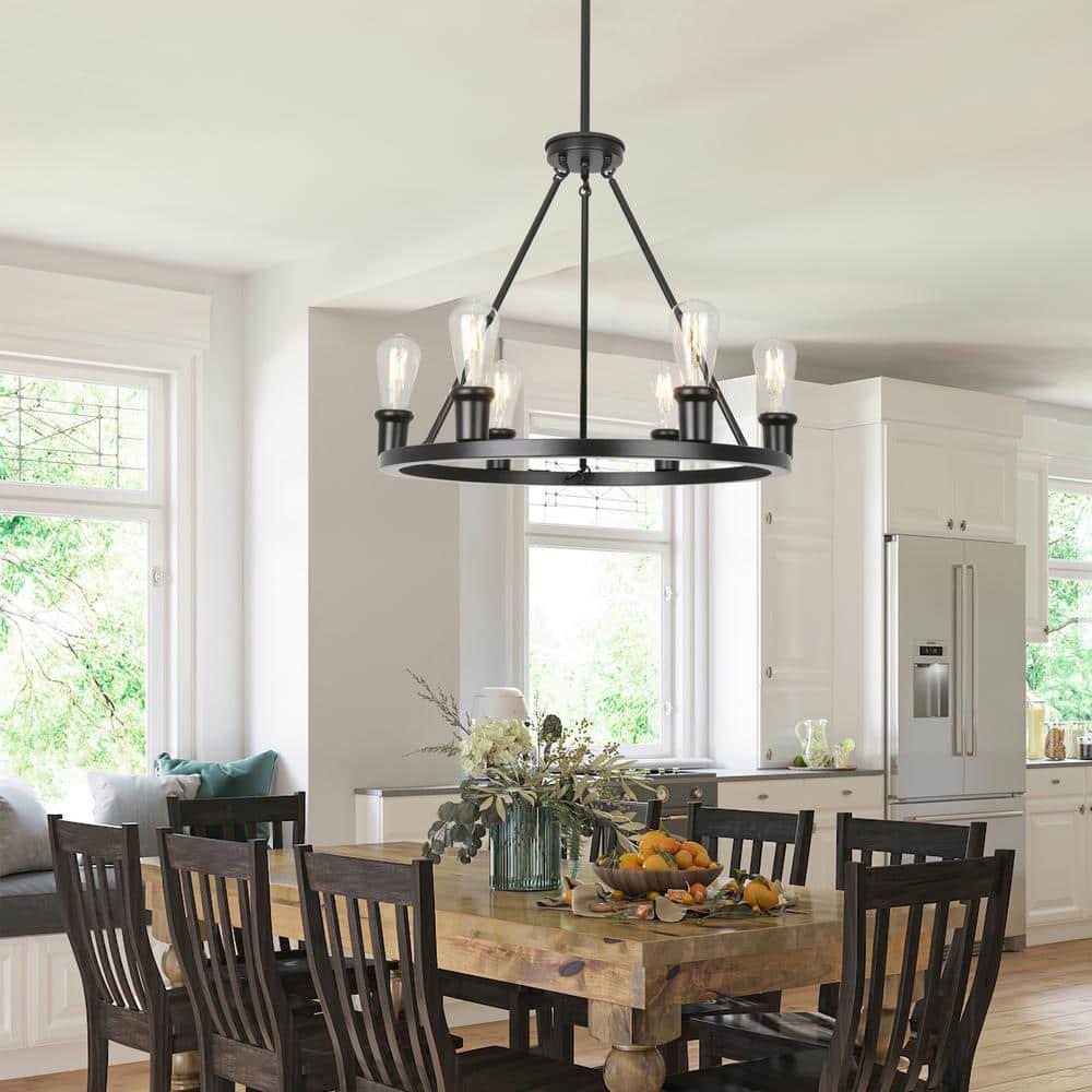 Farmhouse 6 Lights Black Wagon Wheel Chandelier,Modern Vintage Round Pendant Light Fixture for Dining Room,Living Room, Entryway Foyer Kitchen Island, E26