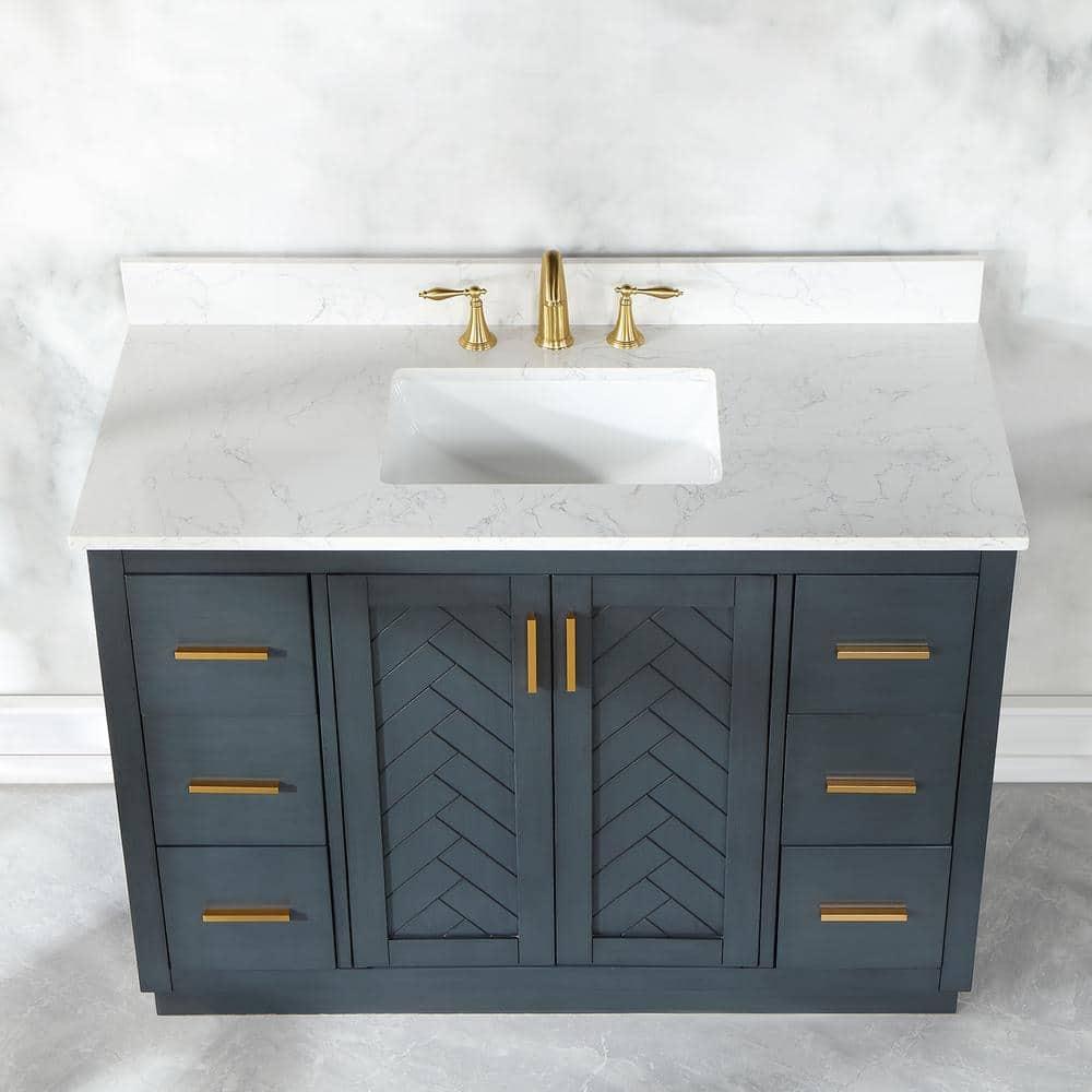 Gazsi 48" Single Bathroom Vanity Set in Charcoal Blue with Grain White Composite Stone Countertop without Mirror