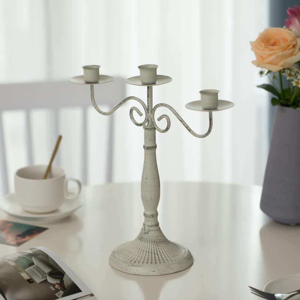 Fabulaxe Antique 12" Distressed 3 Arm Metal Candelabra for Dining Room, Entryway, Kitchen and Vanity