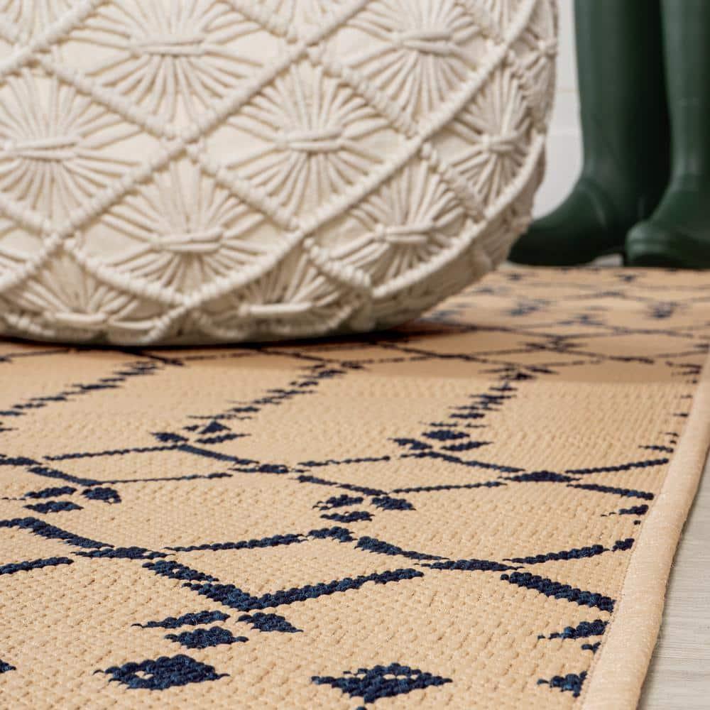 5' Round Ourika Moroccan Geometric Textured Weave Indoor/Outdoor Area Rug, Beige/Navy - JONATHAN Y
