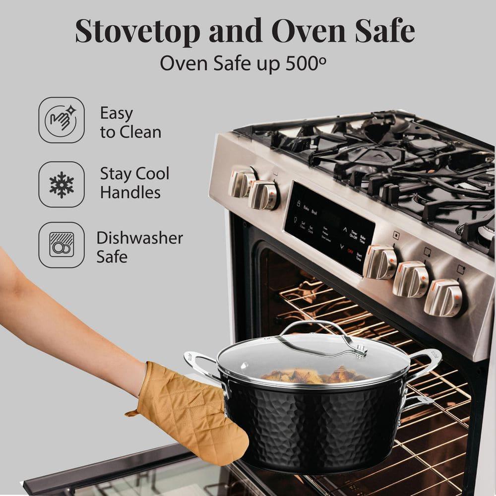 Gotham Steel Hammered Stock Pot 5 Quart Large Soup Pasta Pot Nonstick Ceramic Cooking with Glass Lid Black