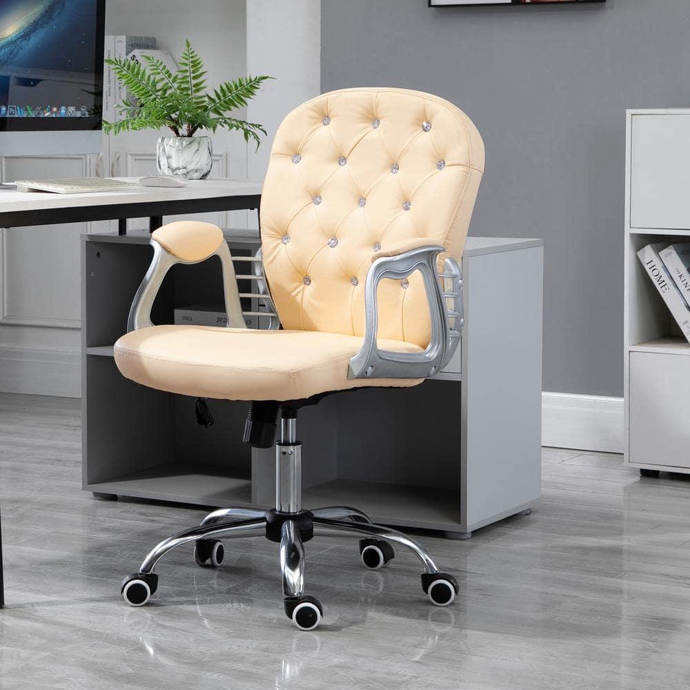 Vinsetto Vanity PU Leather Mid Back Office Chair Swivel Tufted Backrest Task Chair with Padded Armrests, Adjustable Height, Rolling Wheels, Beige
