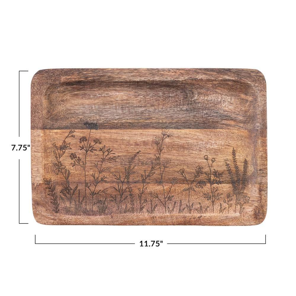 Creative Co-Op 11.75 Inches Mango Wood Laser Etched Botanicals, Natural Tray