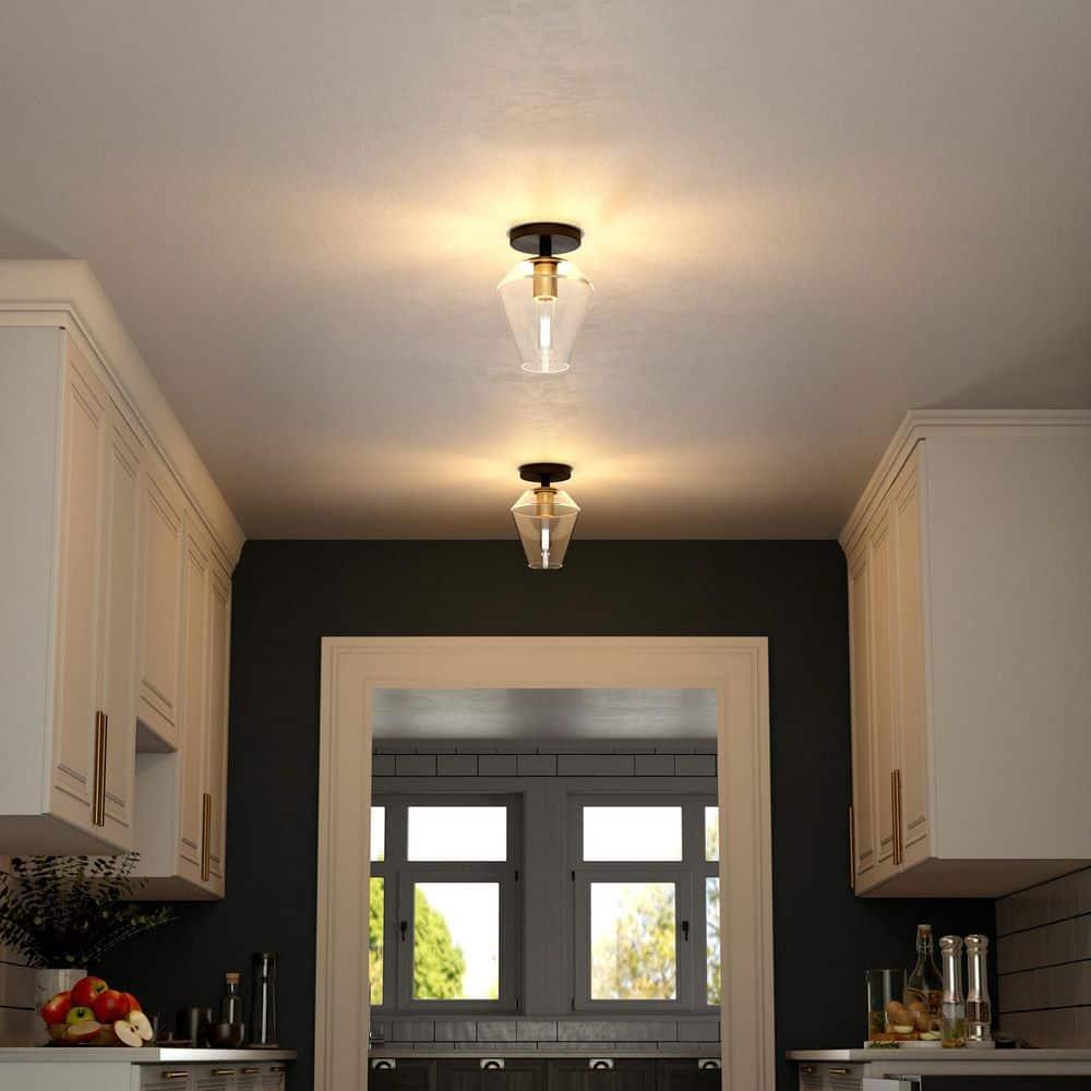 Hudson and Canal 7" Wide Semi Flush Mount: UL Listed, Retro-Inspired, Metal/Glass Fixture