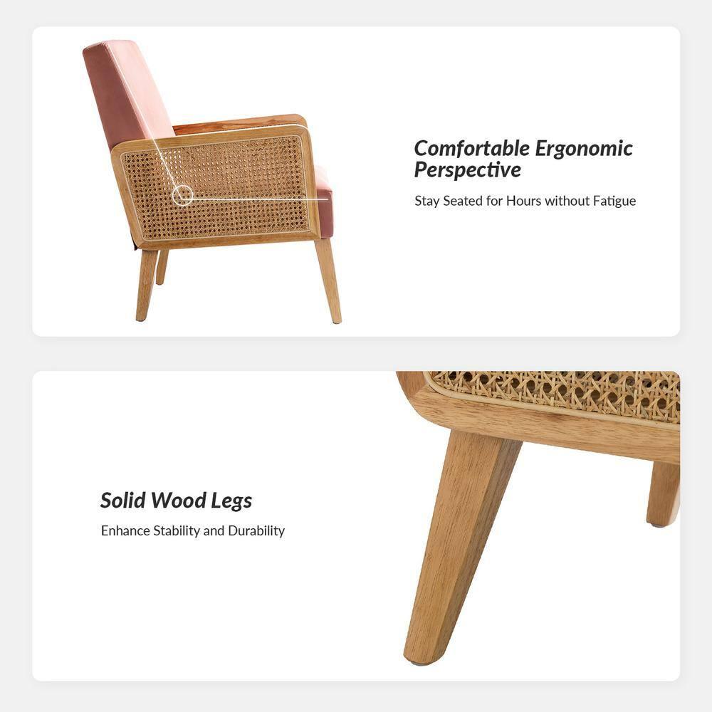 Farmhouse Accent Chair Rattan Armrests Fabric Upholstered Wooden Reading Armchair Living Bedroom Blush