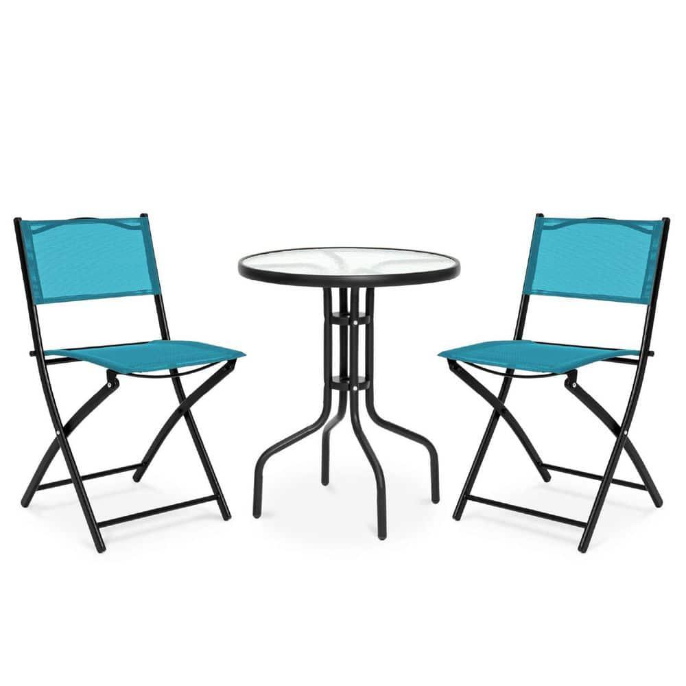 George Oliver 3-Piece Patio Bistro Dining Furniture Set W/ Glass Tabletop, Folding Chairs